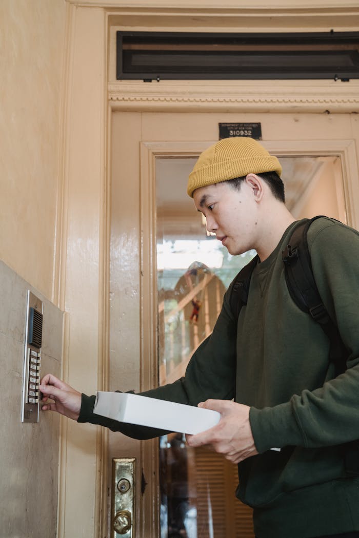 A young man with a package uses an intercom to enter an apartment building.